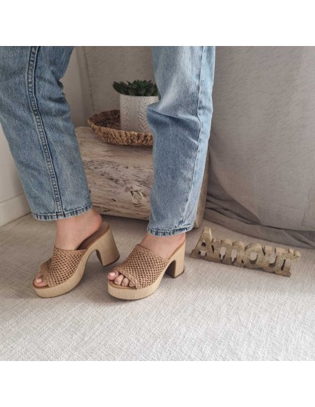 Sabots compensés Femme - Bride tressée, style boho chic et semelle tissu