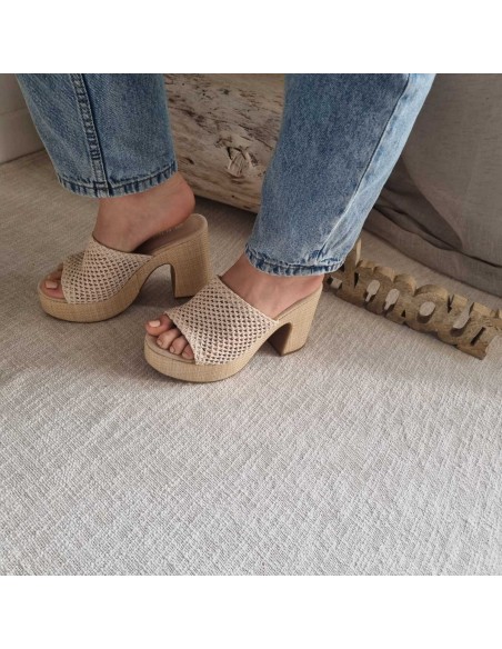 Sabots compensés Femme - Bride tressée, style boho chic et semelle tissu