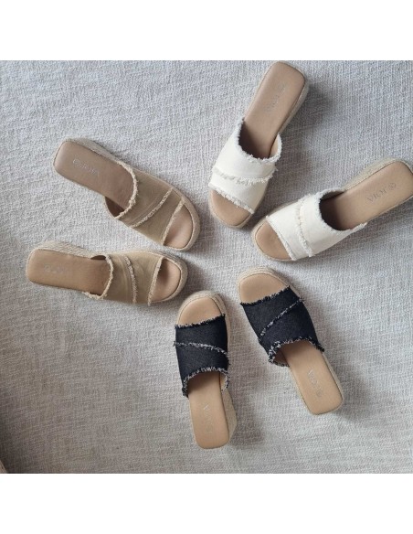 Mules compensées Femme à large bride en tissu - Style boho Chic, look estival tendance