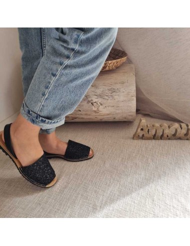 Sandales Plates Minorquine Pailletées noires pour Femme - Qui Font Briller Votre Eté