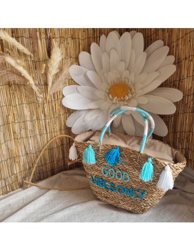 Sac en Paille Femme - GOOD VIBES ONLY - avec Pompons Décoratifs - Style estival Bohème