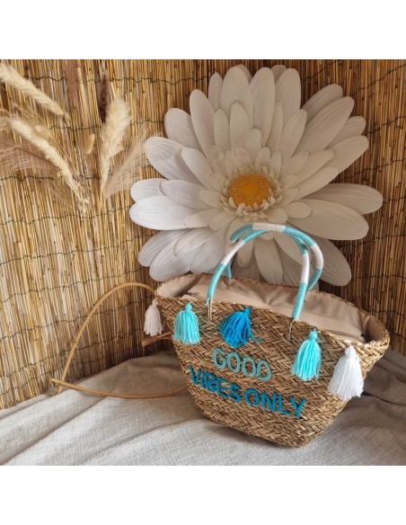 Sac en Paille Femme - GOOD VIBES ONLY - avec Pompons Décoratifs - Style estival Bohème