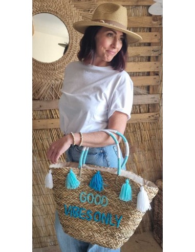 Sac en Paille Femme - GOOD VIBES ONLY - avec Pompons Décoratifs - Style estival Bohème