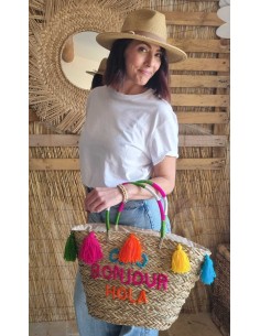 Sac en Paille Femme - CIAO BONJOUR HOLA - avec Pompons Décoratifs - Style estival Bohème