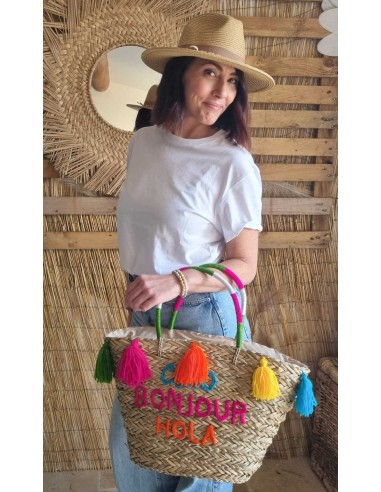 Sac en Paille Femme - CIAO BONJOUR HOLA - avec Pompons Décoratifs - Style estival Bohème