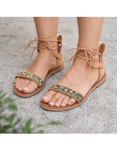 Sandales Grecques en Cuir Ornement Cristal Multicolores