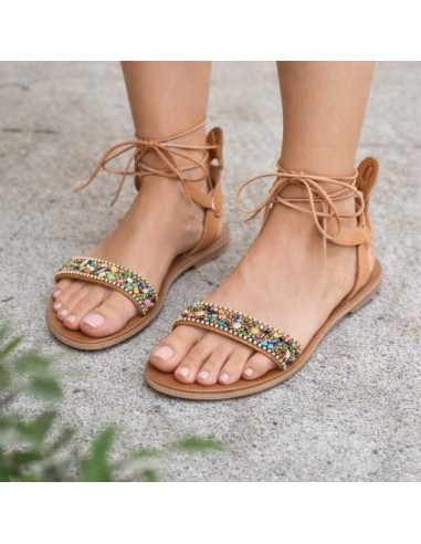 Sandales Grecques en Cuir Ornement Cristal Multicolores