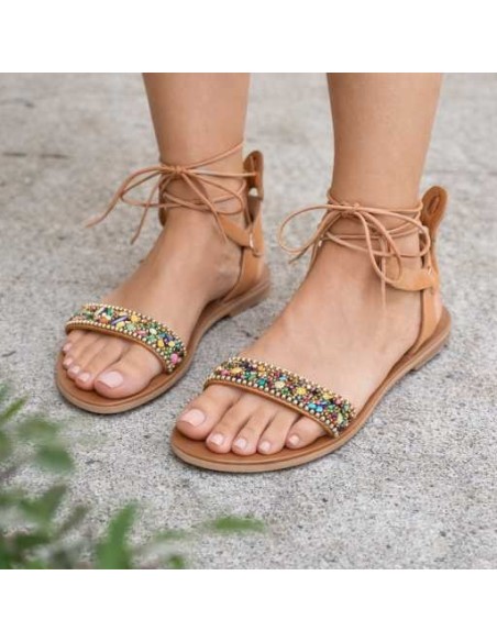 Sandales Grecques en Cuir Ornement Cristal Multicolores