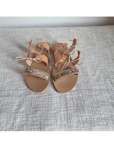 Sandales Grecques en Cuir Ornement Cristal Multicolores